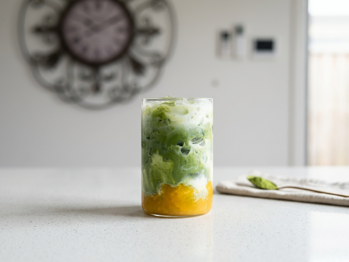 A cup of iced mango matcha in a white table.