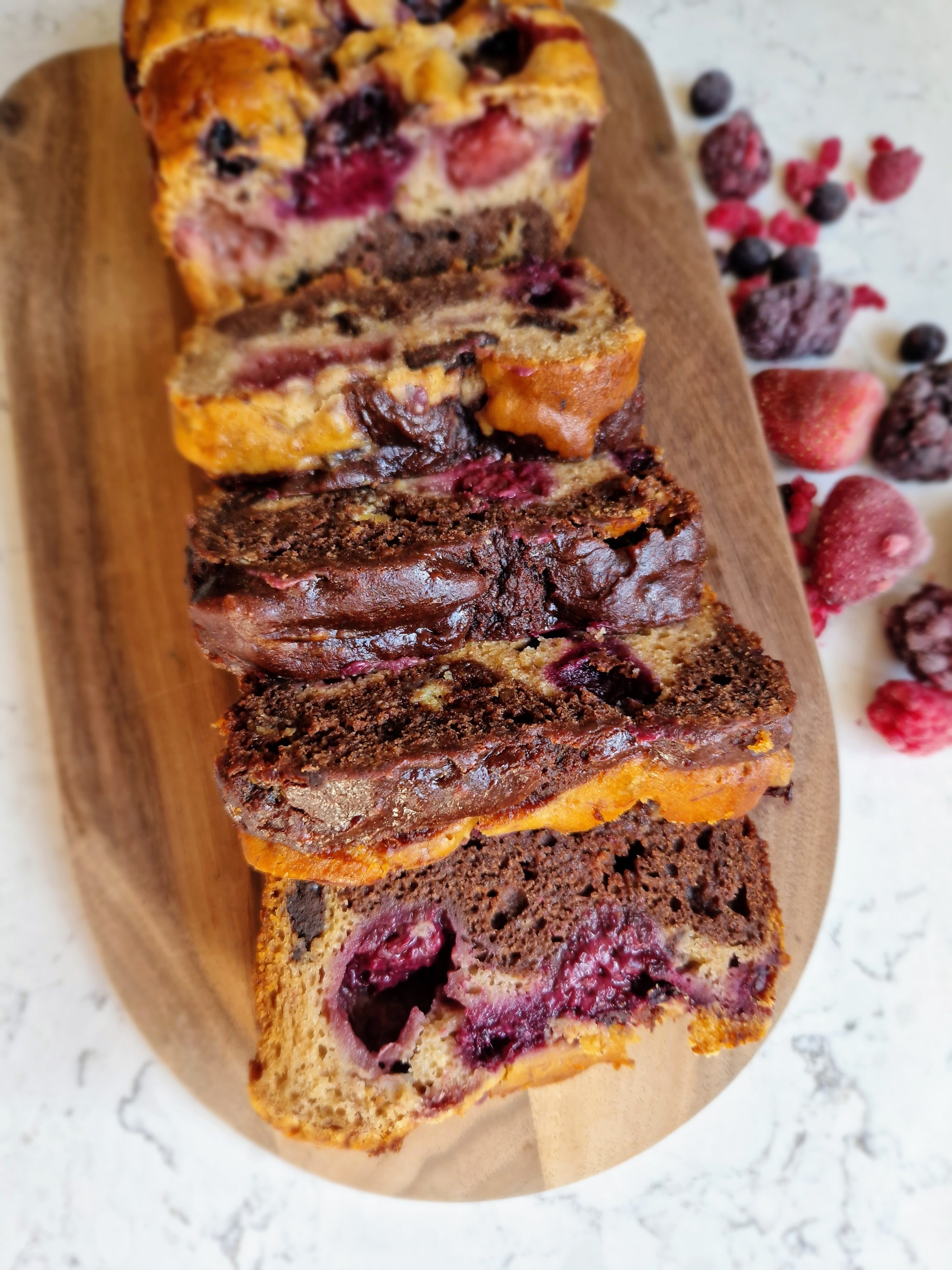 A marbled berry loaf with swirls of rich chocolate and bursts of fruit. This gluten-free bake is perfect for morning tea, dessert, or weekend baking
