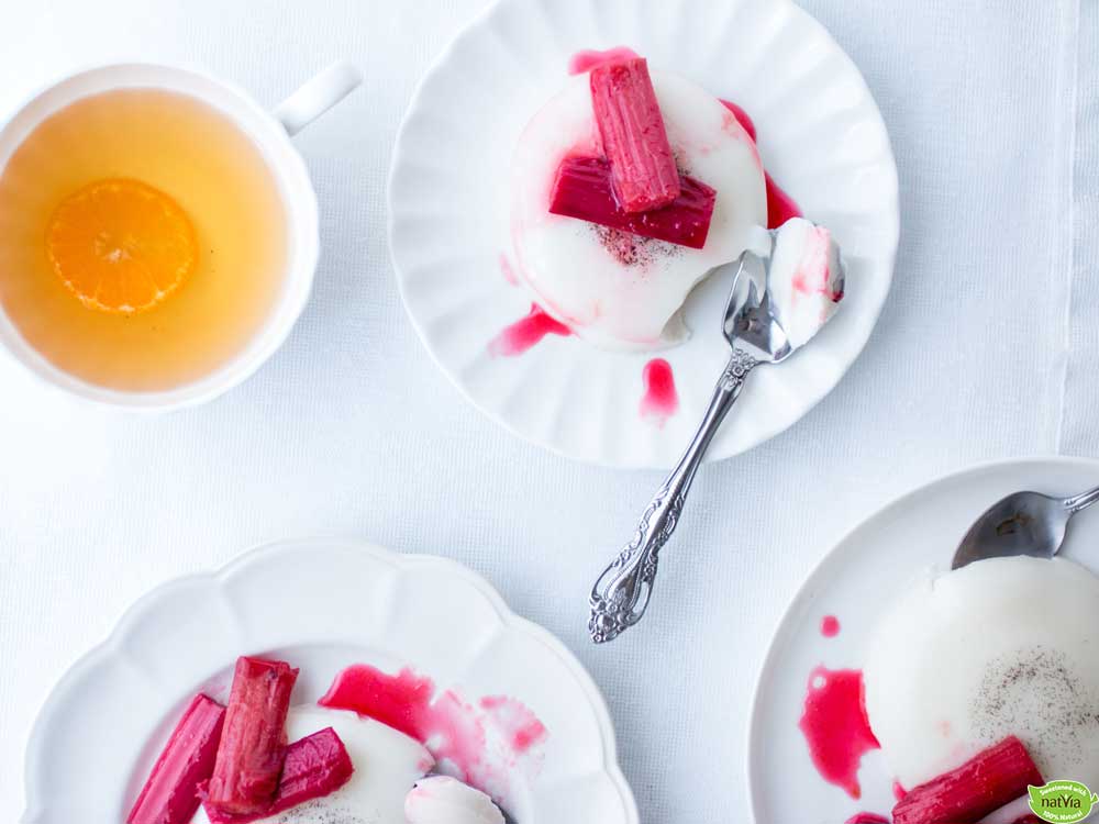 COCONUT ROSEWATER PANNA COTTA WITH POACHED RHUBARB