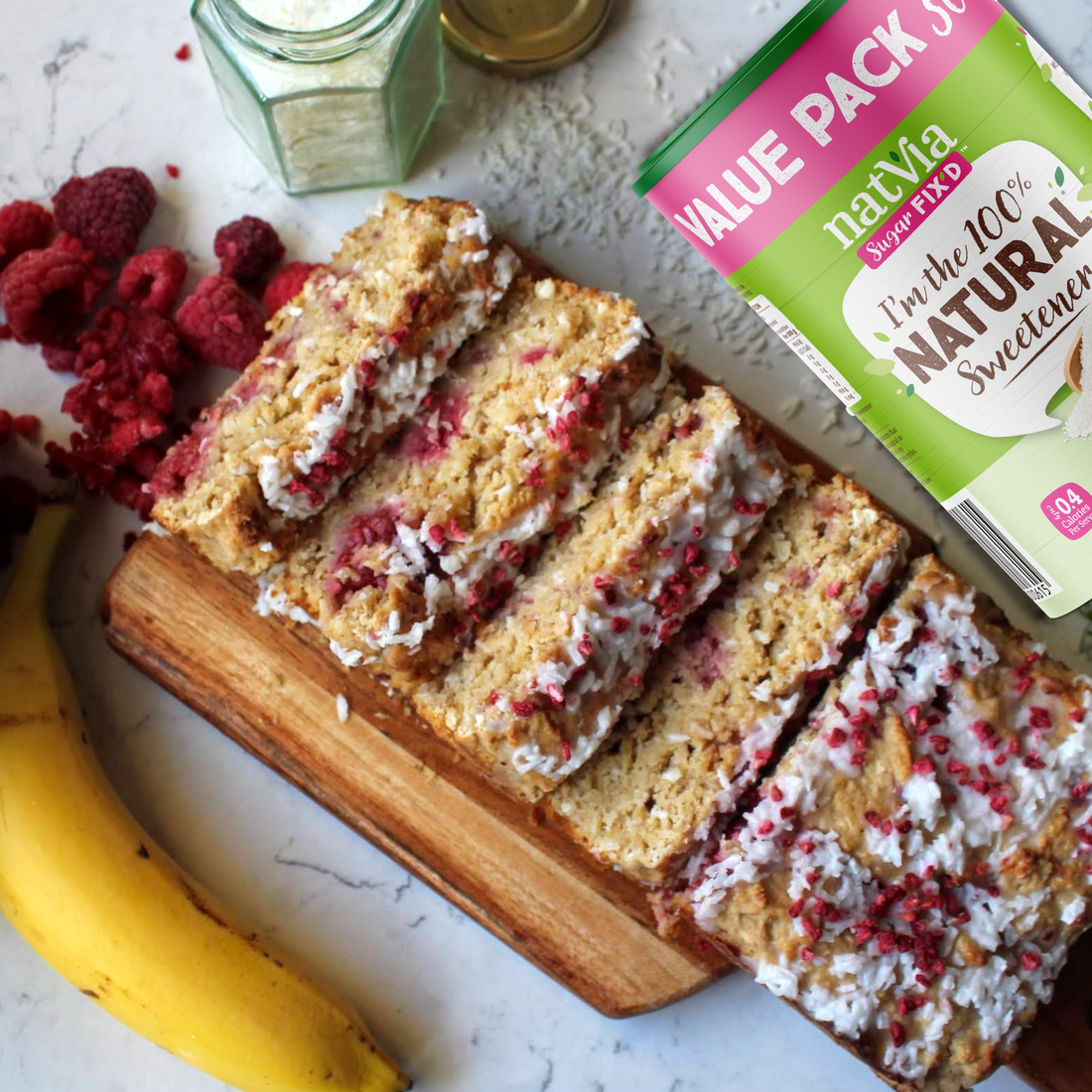 RASPBERRY COCONUT BANANA LOAF
