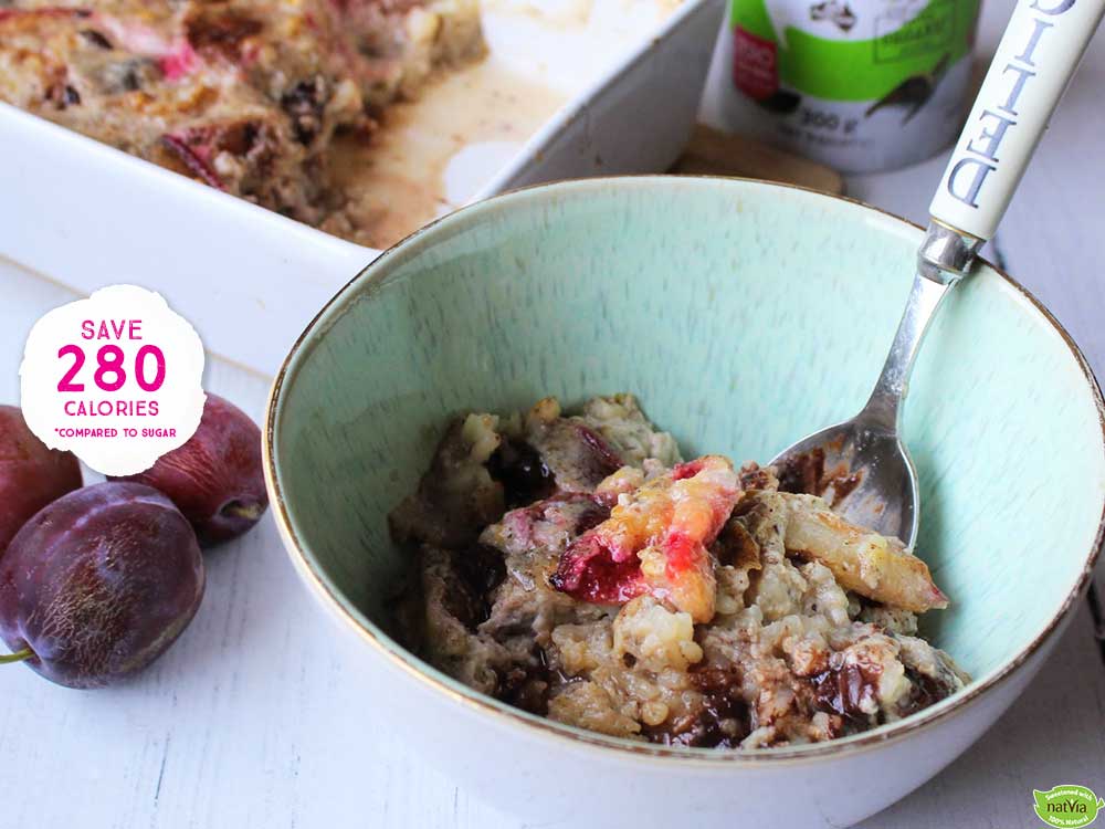 BAKED PLUM, CHOCOLATE & VANILLA RICE PUDDING