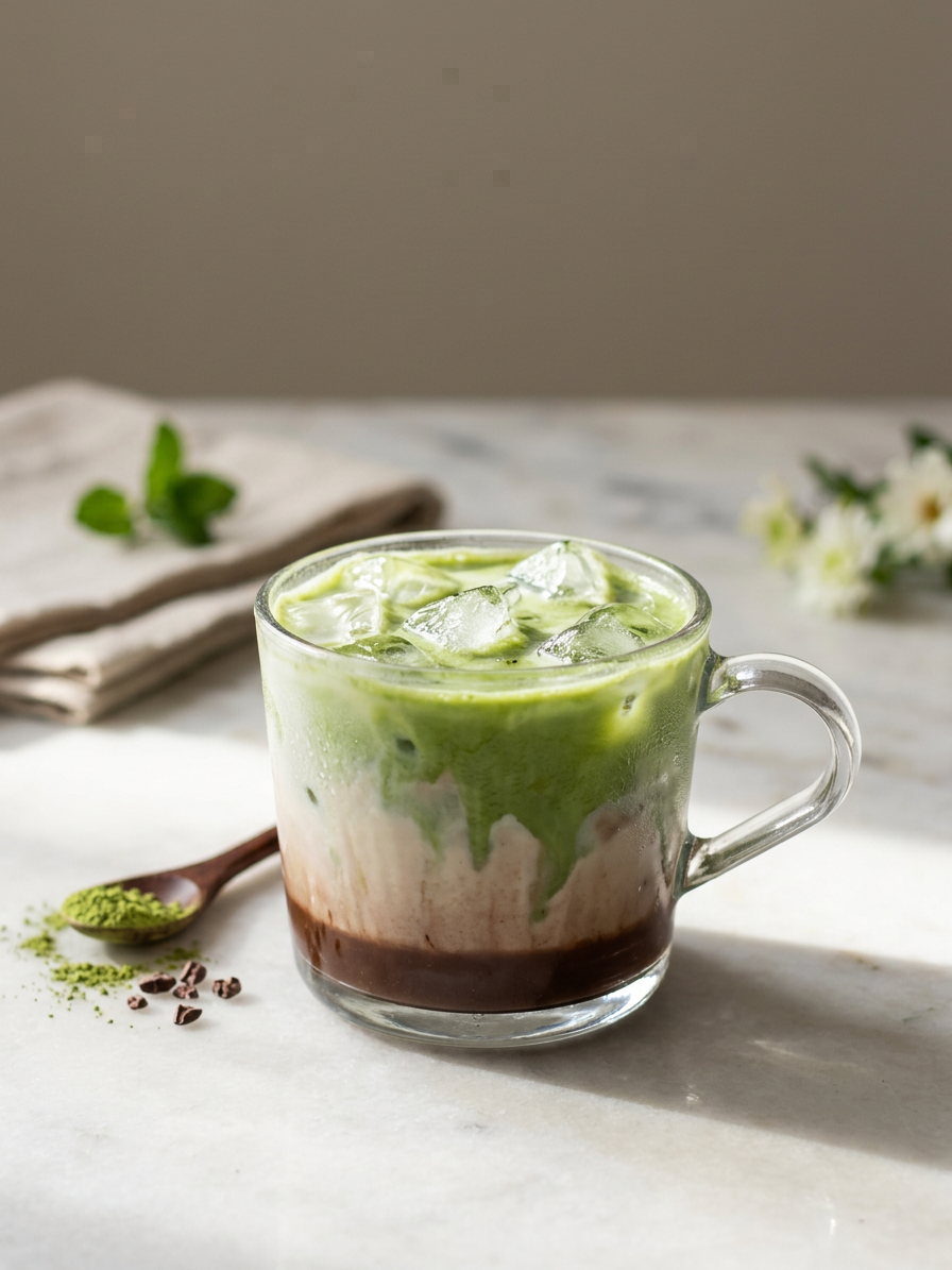 A cup of iced chocolate matcha placed in a white table with a wooden spoon with some matcha on it. 