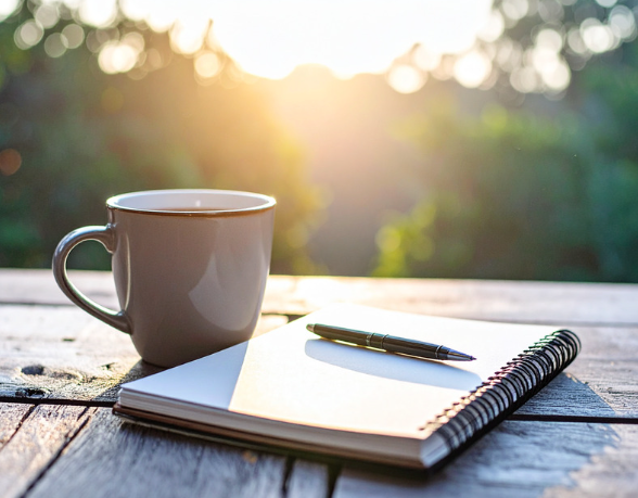 White coffee cup and notebook with a pen on a wooden table, with warm morning sunlight and greenery in the background.