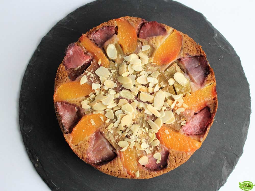 VEGAN STRAWBERRY, NECTARINE & RHUBARB CAKE