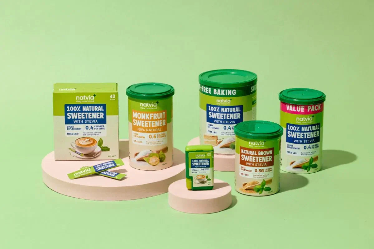 Natvia new packaging 2025 – range of 100% natural sweeteners including stevia, monk fruit, and brown sweetener with updated Stay Nourished design