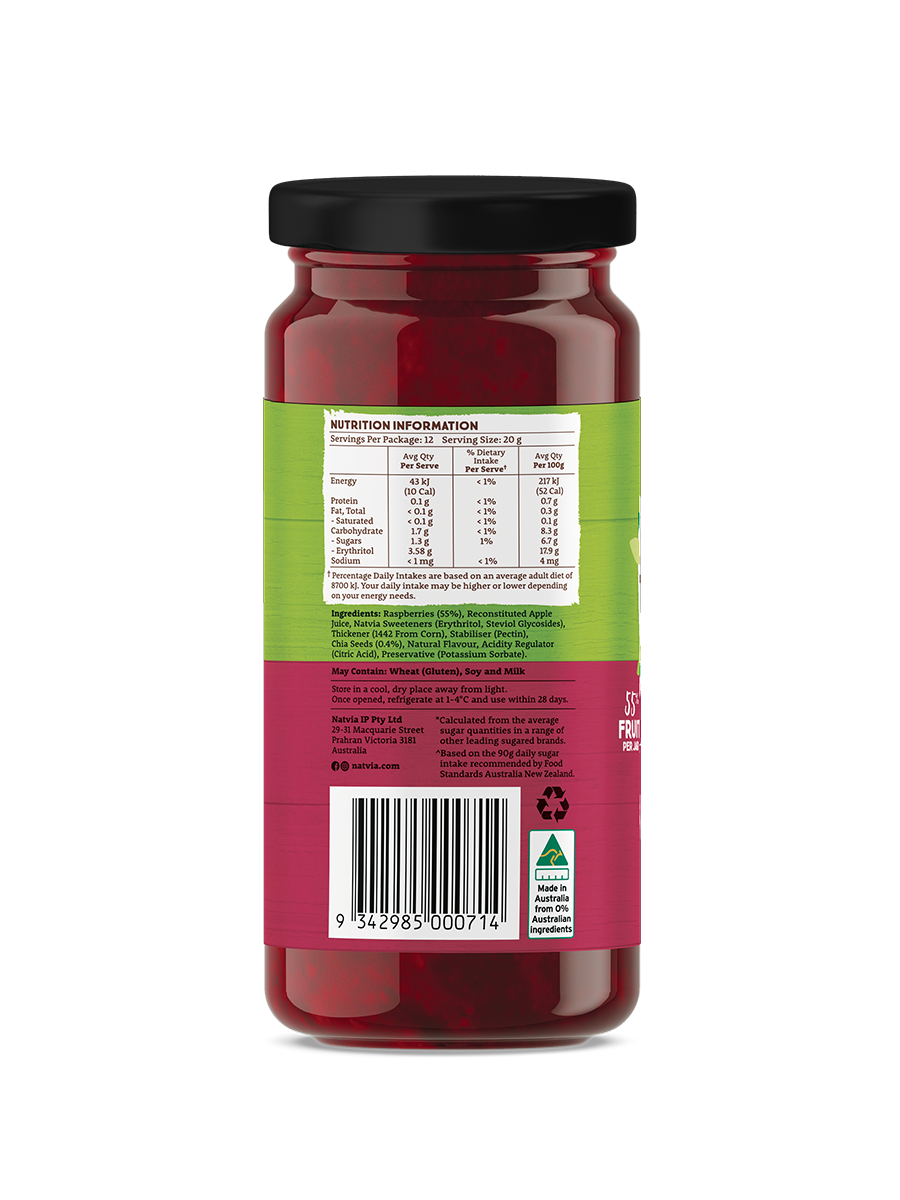 Natvia Raspberry Fruit Spread 240g Back Face