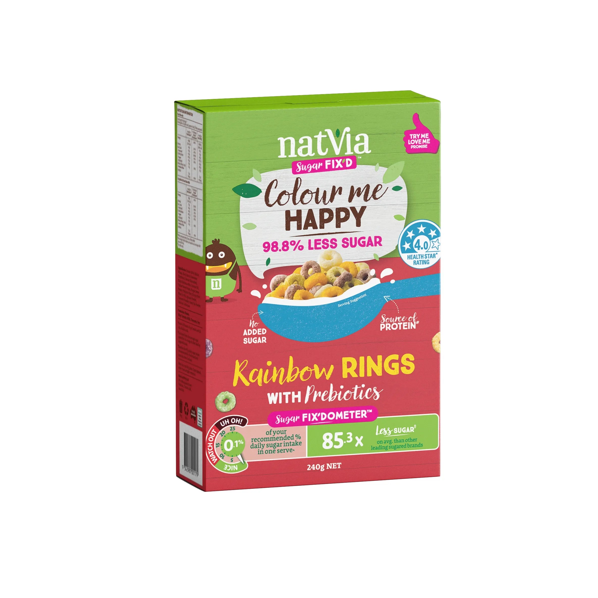 Natvia Cereal Rainbow Rings 240g Front bFace