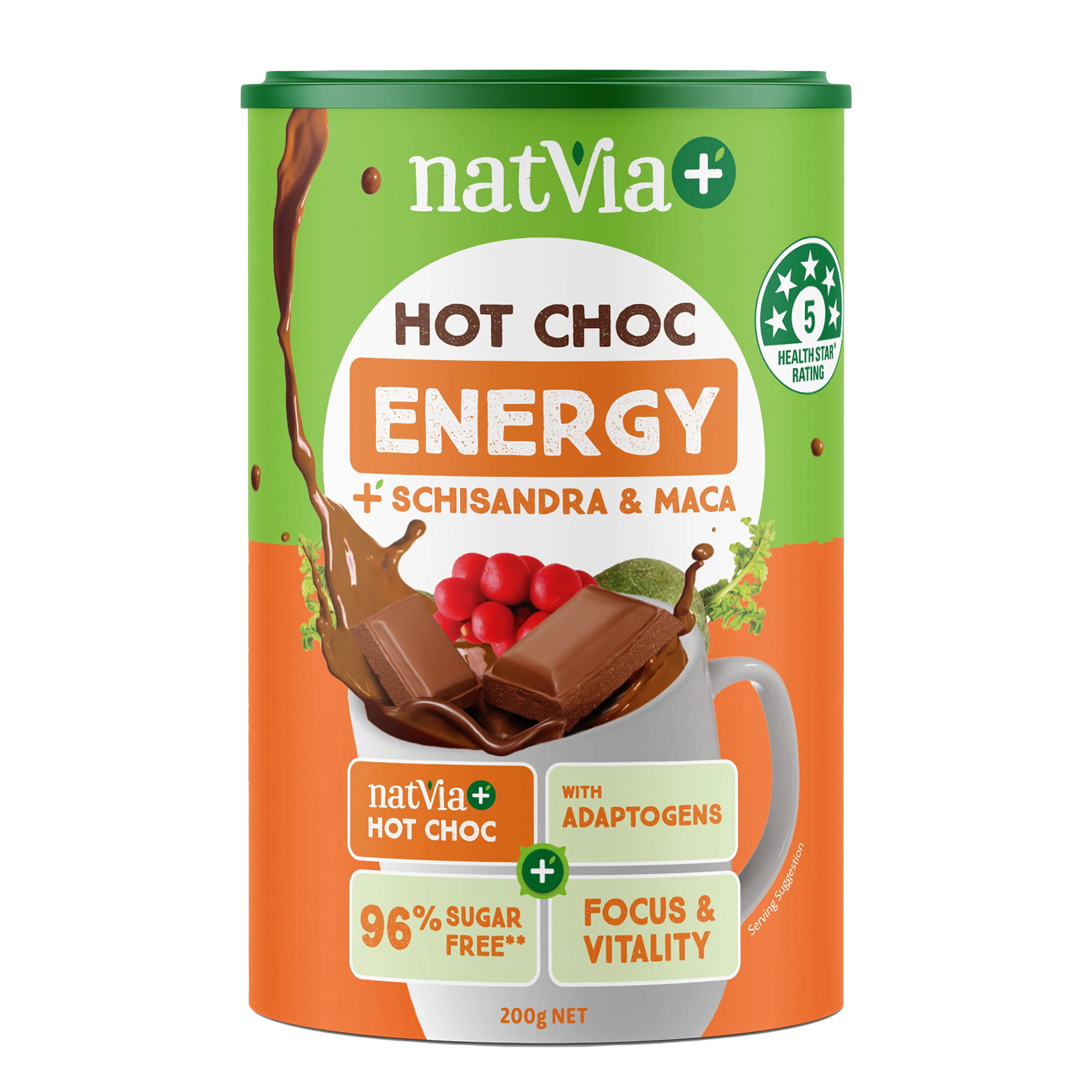 Natvia Energy Rich Hot Choc Schizandra and Maca 200g Front Face