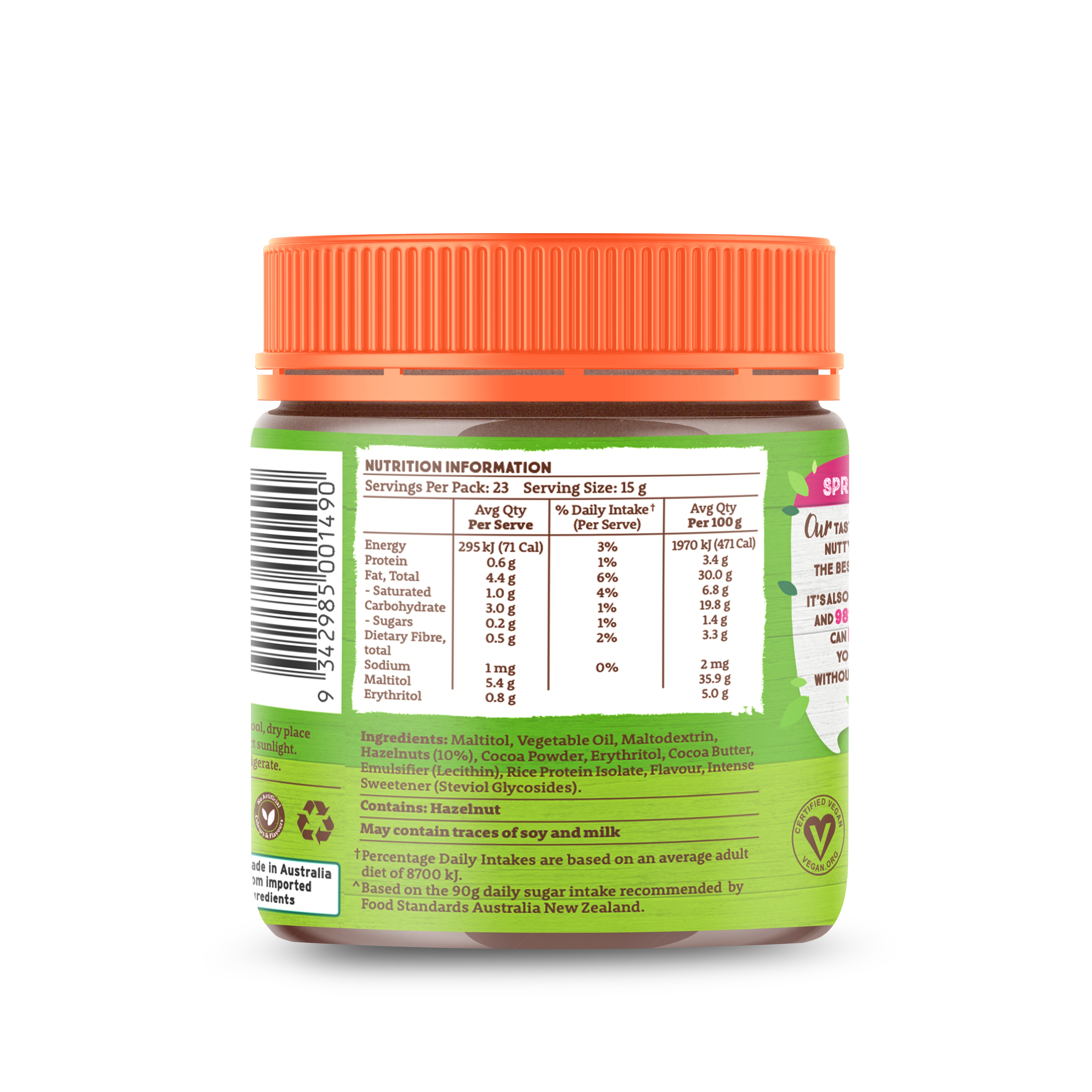 Natvia Hazelnut Spread 350g Back Face