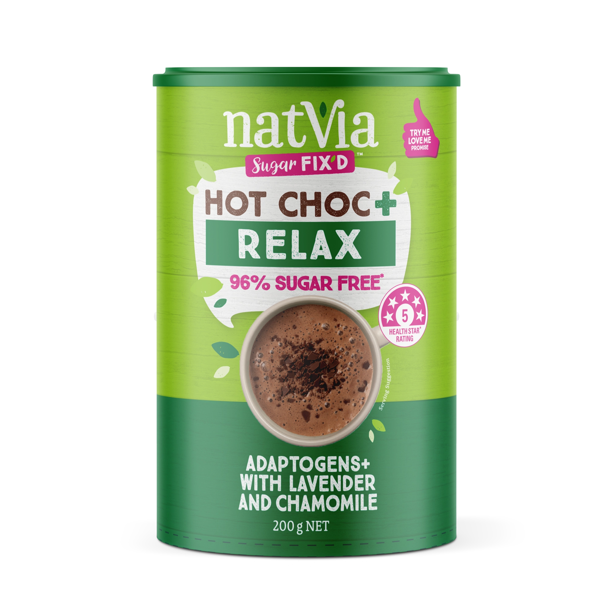 Natvia Hot Chocolate Relax 200g Front Face