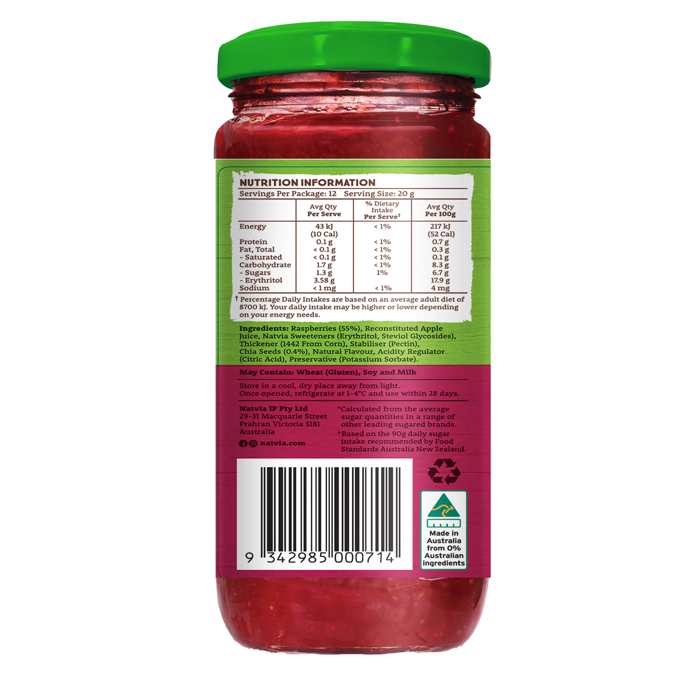 Natvia Raspberry Fruit Spread 240g Back Face