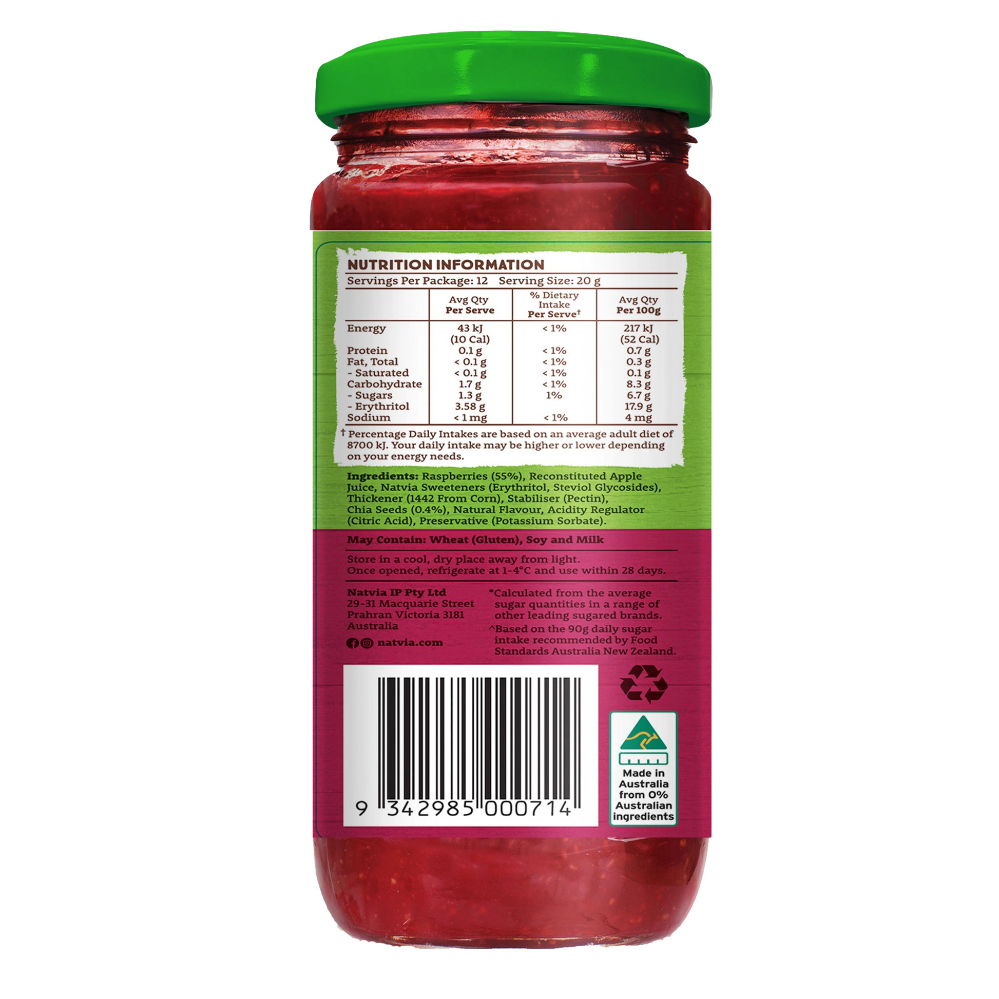 Natvia Raspberry Fruit Spread 240g Back Face