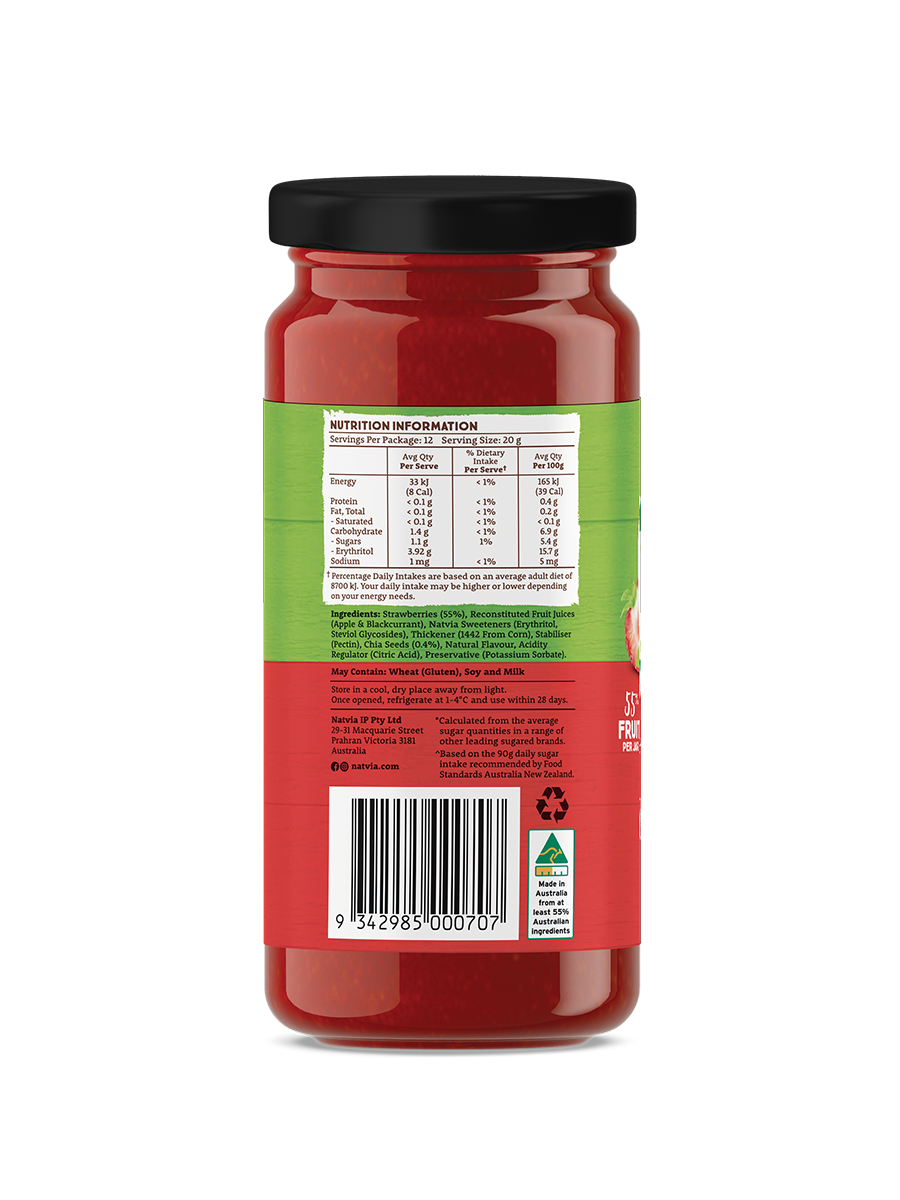 Natvia Strawberry Fruit Spread 240g Back Face