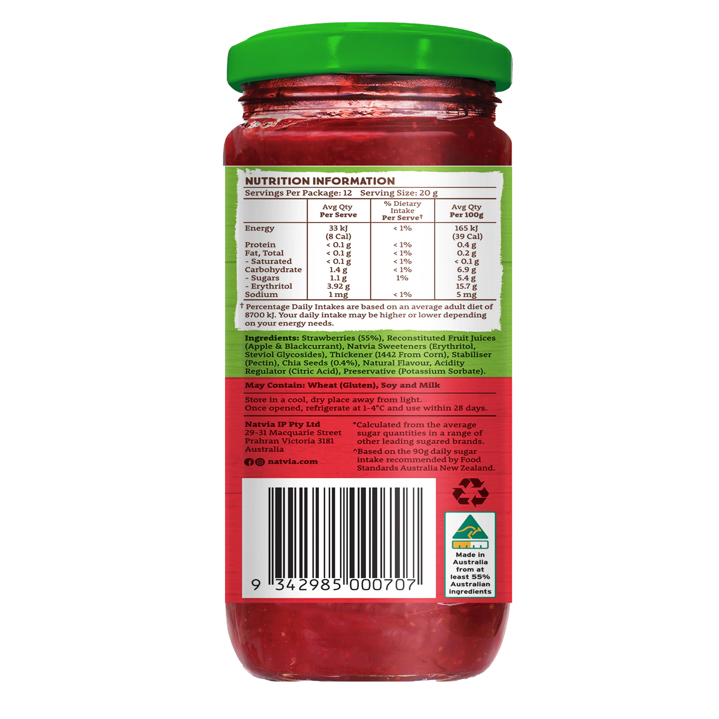 Natvia Strawberry Fruit Spread 240g Back face